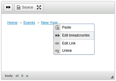 Context menu of breadcrumbs screenshot